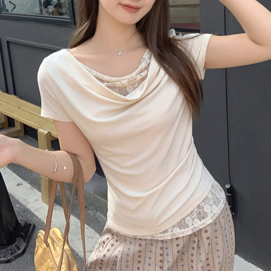 Korean Style Lace Stitching Swing Collar Off-shoulder Short Sleeve T-shirt  Short sleeve t-shirts Sculptify™