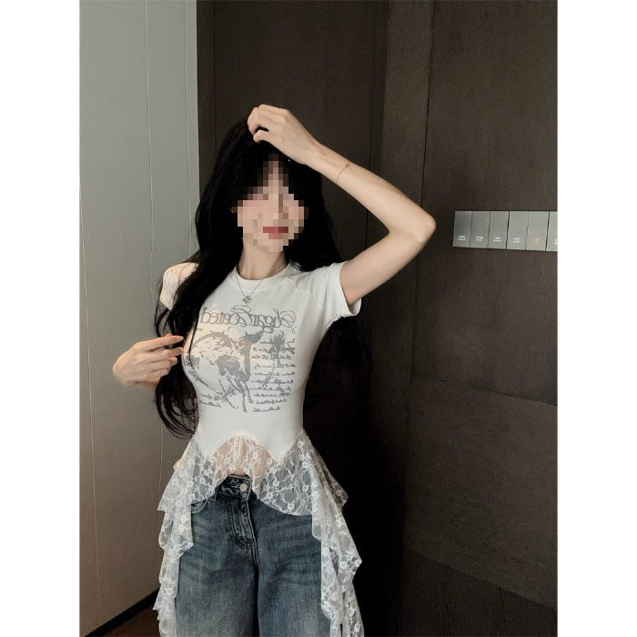 Lace-Panel American Chic Short-Sleeve Womens T-Shirt  Short sleeve t-shirts Sculptify™