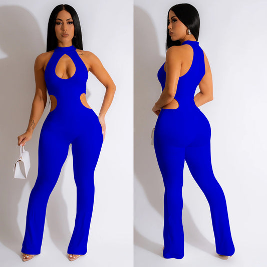 Women's Solid Color Sexy Halter Hollow-out Jumpsuit - Sculptify™