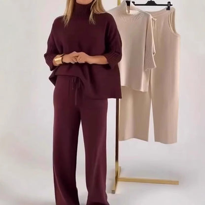 Stylish Casual Solid-color Knit Turtleneck Womens Set For Warmth - Sculptify™