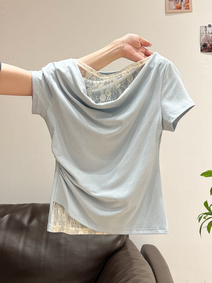 Korean Style Lace Stitching Swing Collar Off-shoulder Short Sleeve T-shirt  Short sleeve t-shirts Sculptify™