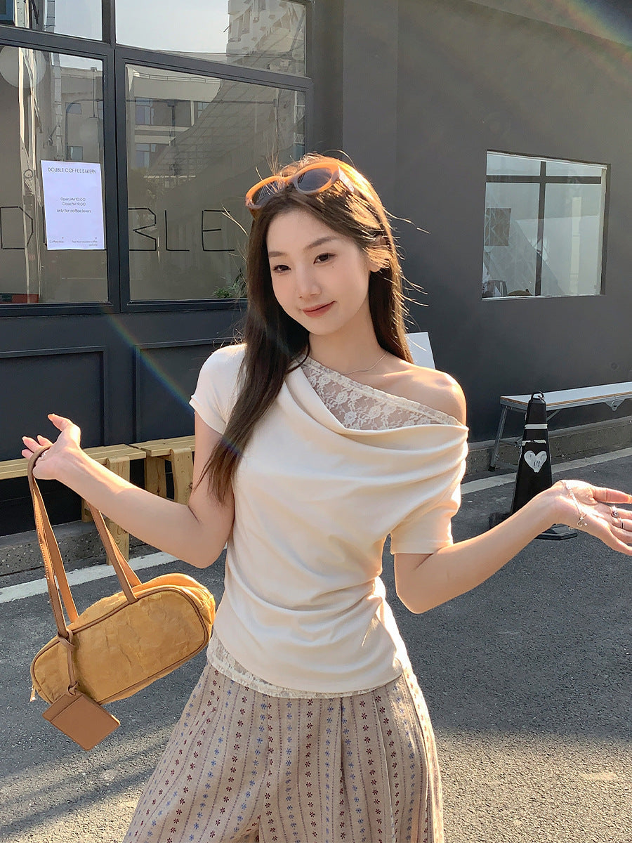 Korean Style Lace Stitching Swing Collar Off-shoulder Short Sleeve T-shirt  Short sleeve t-shirts Sculptify™