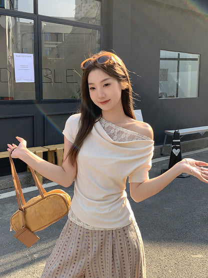 Korean Style Lace Stitching Swing Collar Off-shoulder Short Sleeve T-shirt  Short sleeve t-shirts Sculptify™