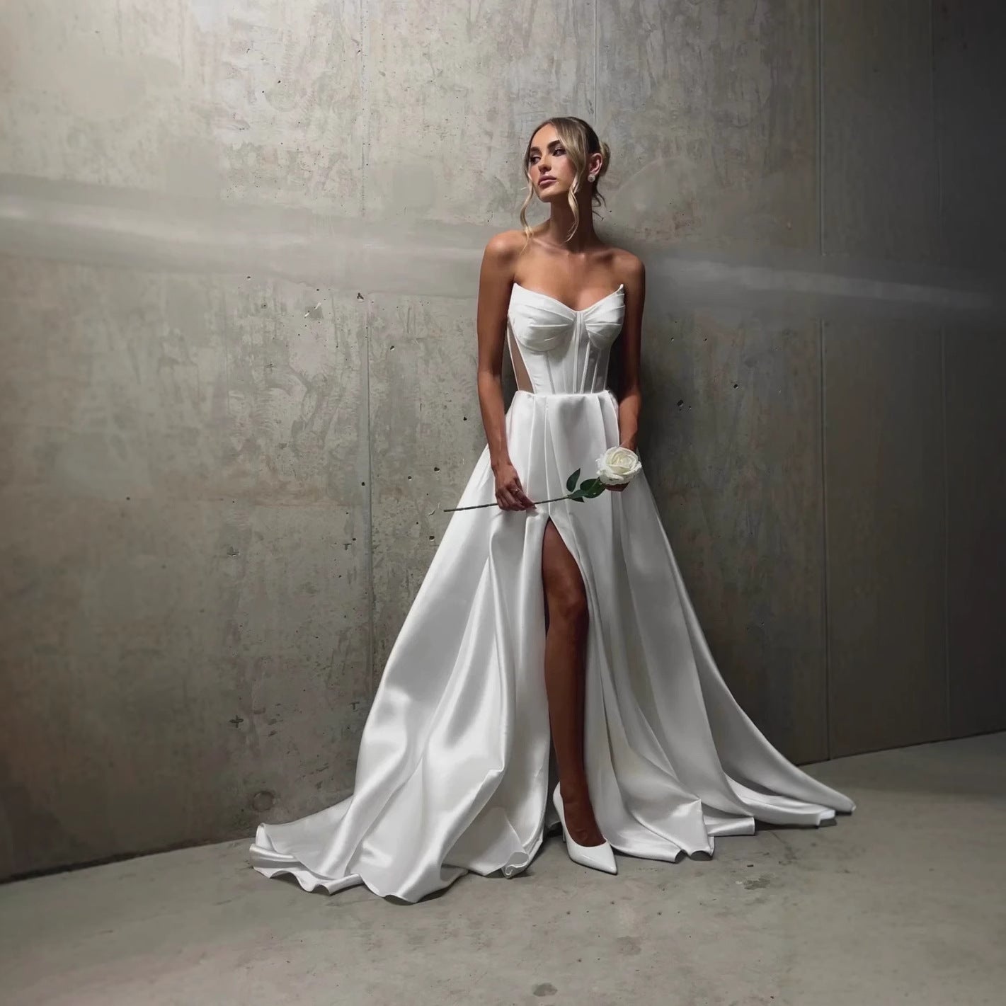 White Satin Slit Pocket Bandage Wedding Dress - Sculptify™