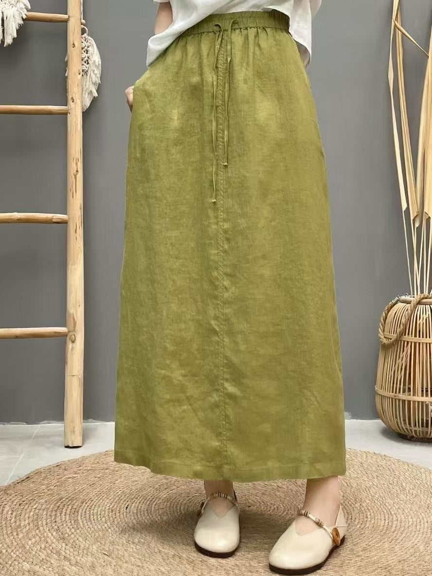High-Waist Lace-Up Linen Pencil Skirt