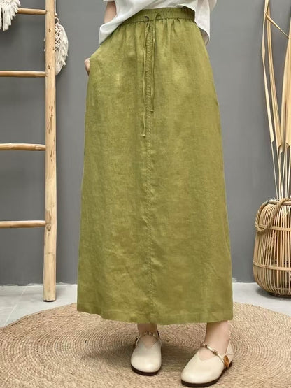 High-Waist Lace-Up Linen Pencil Skirt