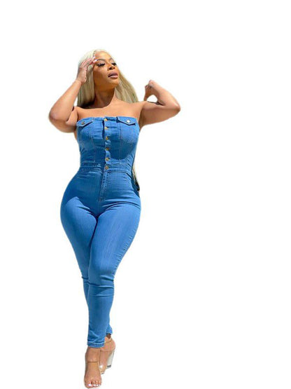 Tube Top Off-shoulder Slim Fit Denim Jumpsuit - Sculptify™