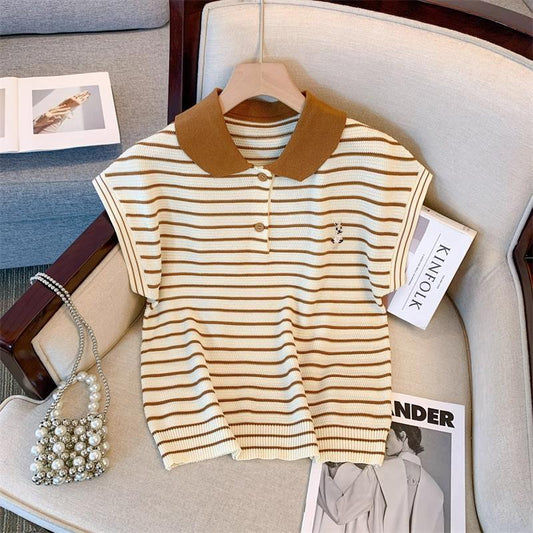Ice Silk Short Sleeve Striped Embroidery Contrast Color Button Polo  Short sleeve t-shirts Sculptify™