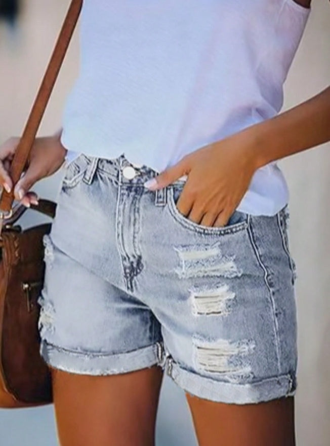Trendy Distressed Stretch Jean Shorts