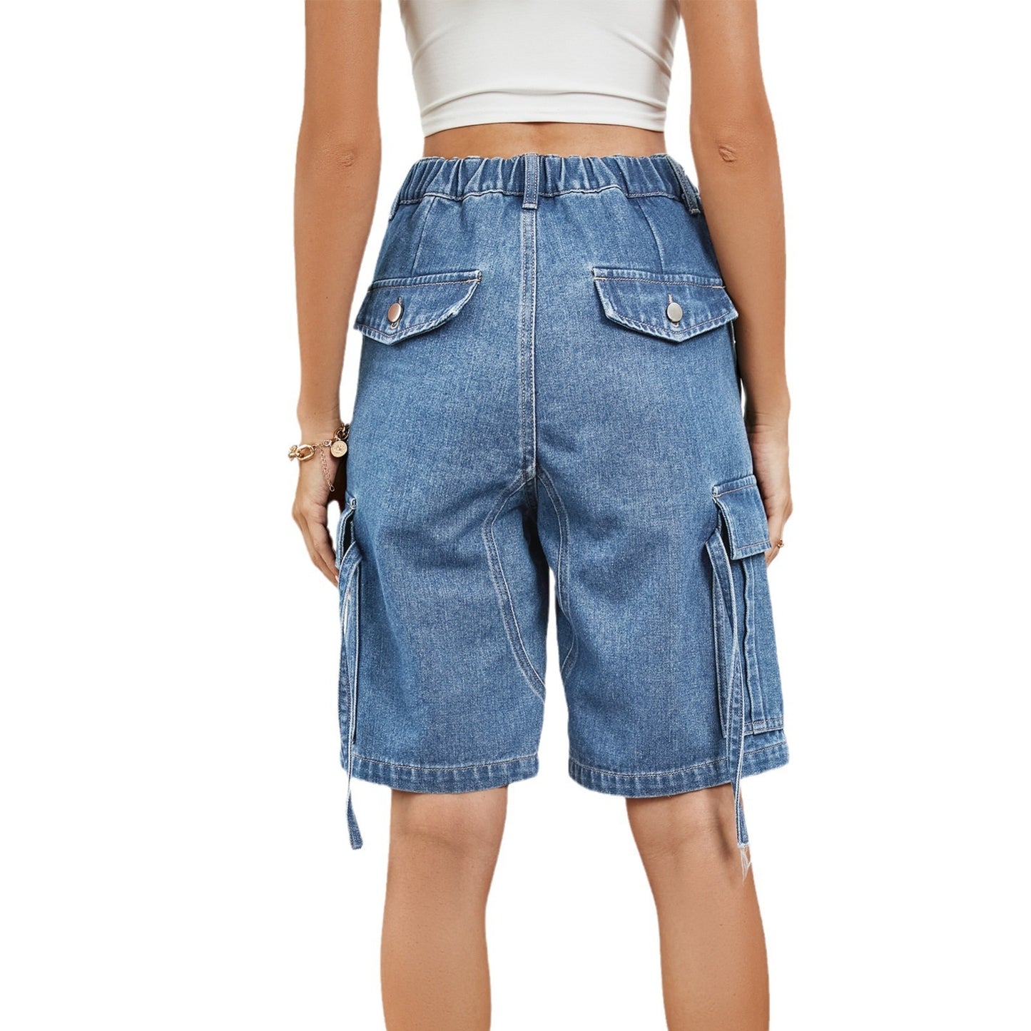 Washed Denim Utility Cargo Shorts