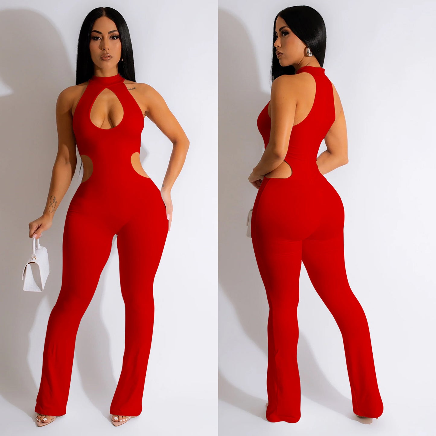 Women's Solid Color Sexy Halter Hollow-out Jumpsuit - Sculptify™
