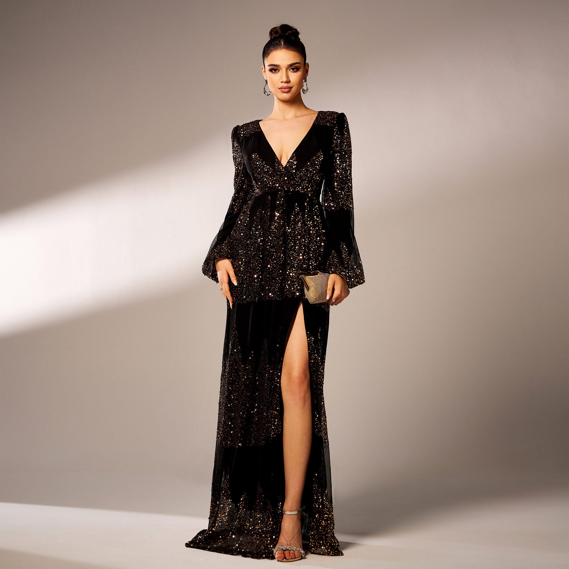 Long Sleeve V-neck Sexy Long Sequined Evening Dress - Sculptify™