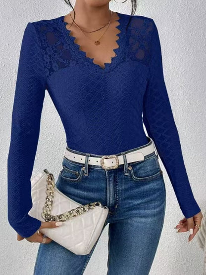 Solid-color V-neck Lace-panel Long-sleeve T-shirt Top For Womenelegant Style - Sculptify™