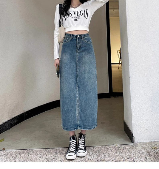 Retro Slim High-Waist A-Line Denim Skirt