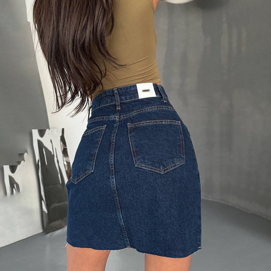 Casual Zipper Detail Slit Denim Skirt