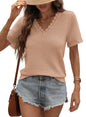 Womens V-neck Casual Waffle-knit Lace-panel Short-sleeve Top  Short sleeve t-shirts Sculptify™