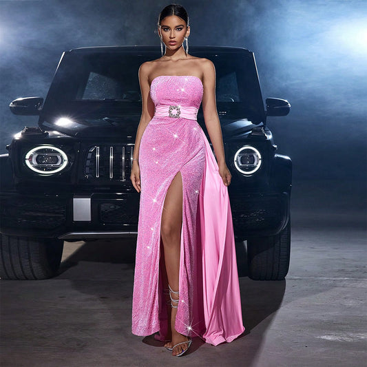 Velvet Sequined Cinched Waist Slim-fit Tube Top Banquet Dress - Sculptify™