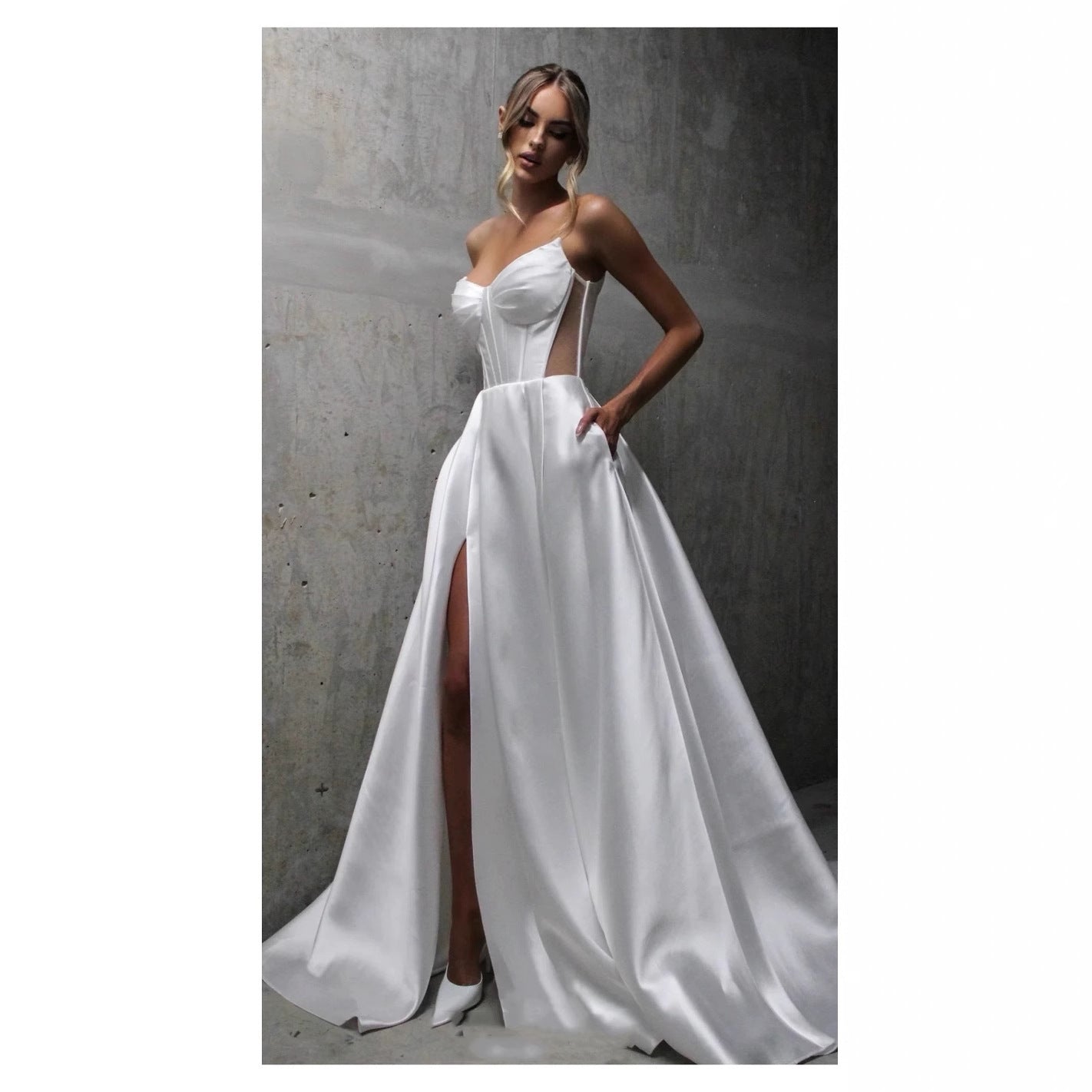 White Satin Slit Pocket Bandage Wedding Dress - Sculptify™