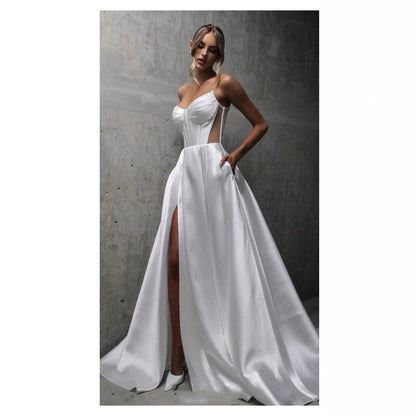 White Satin Slit Pocket Bandage Wedding Dress - Sculptify™