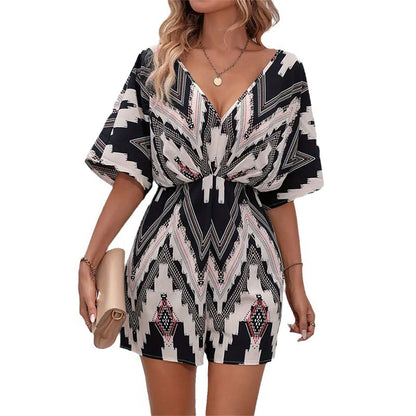 Women's Printed V-neck One-piece Sleeve Loose Jumpsuit - Sculptify™