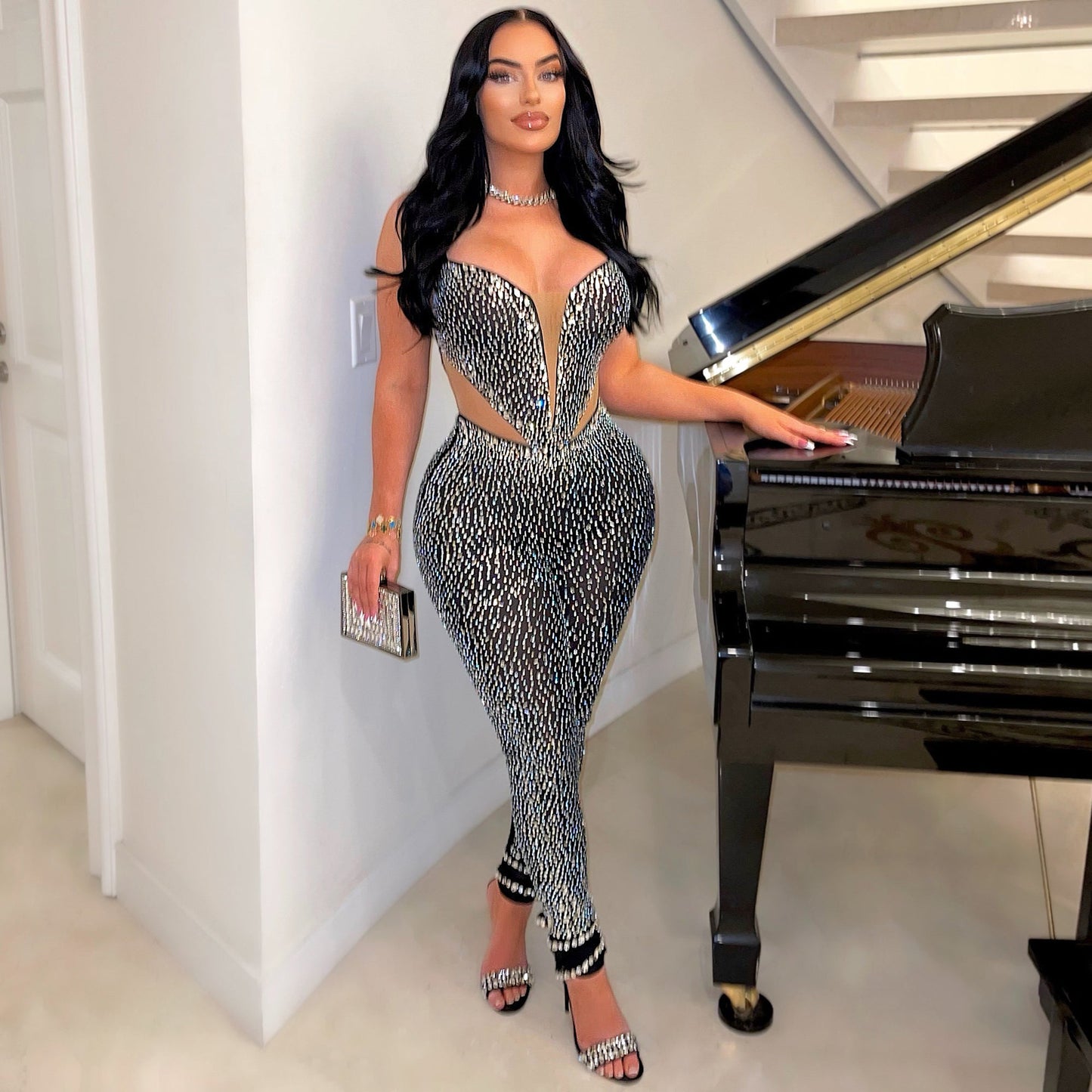 Slim Fit Rhinestone Stretch Sling Sheath Tight Jumpsuit - Sculptify™