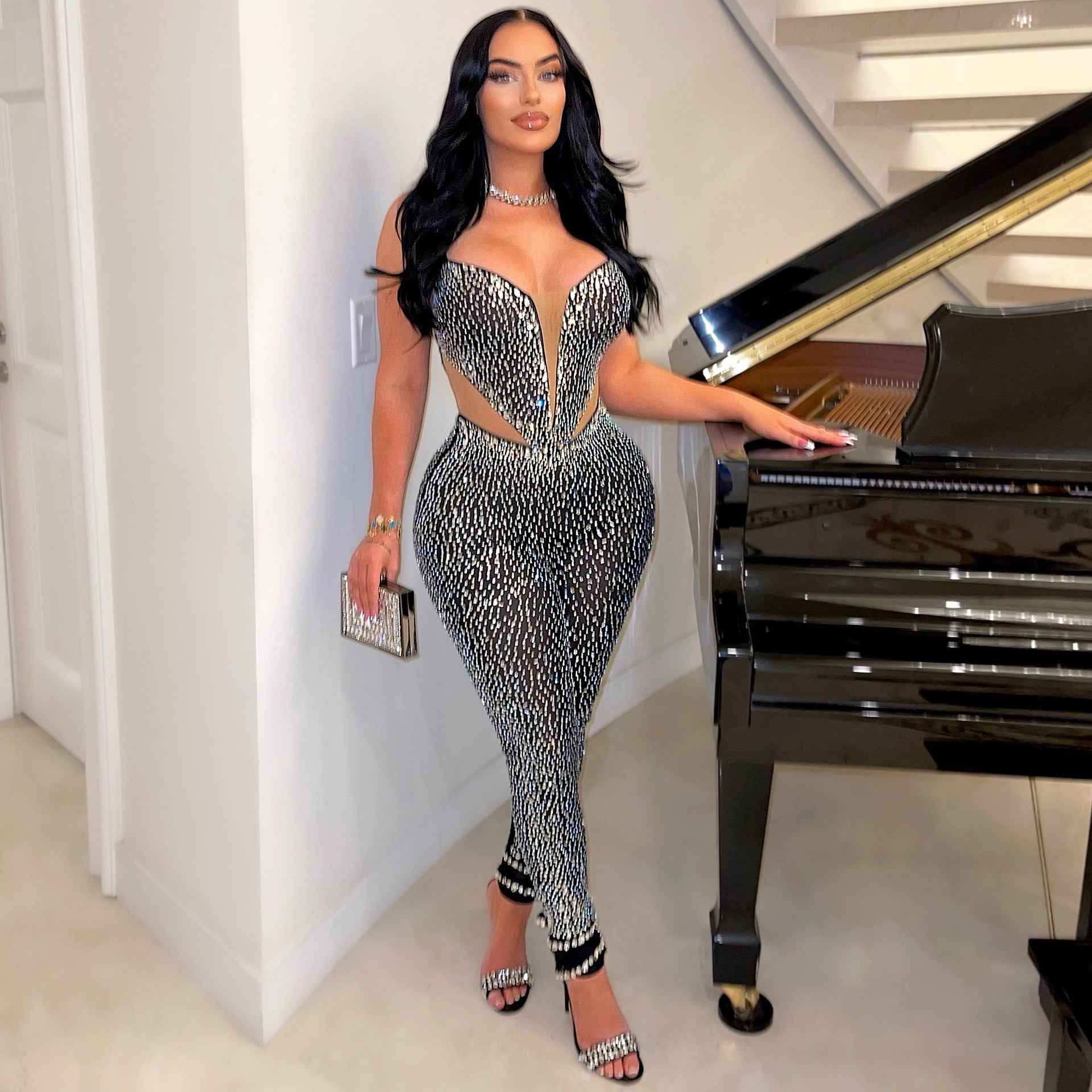 Slim Fit Rhinestone Stretch Sling Sheath Tight Jumpsuit - Sculptify™