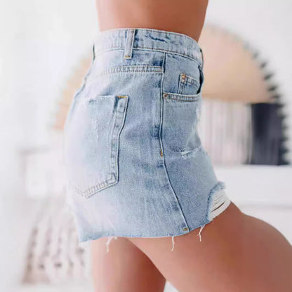 Edgy Water-Washed Distressed Jean Shorts