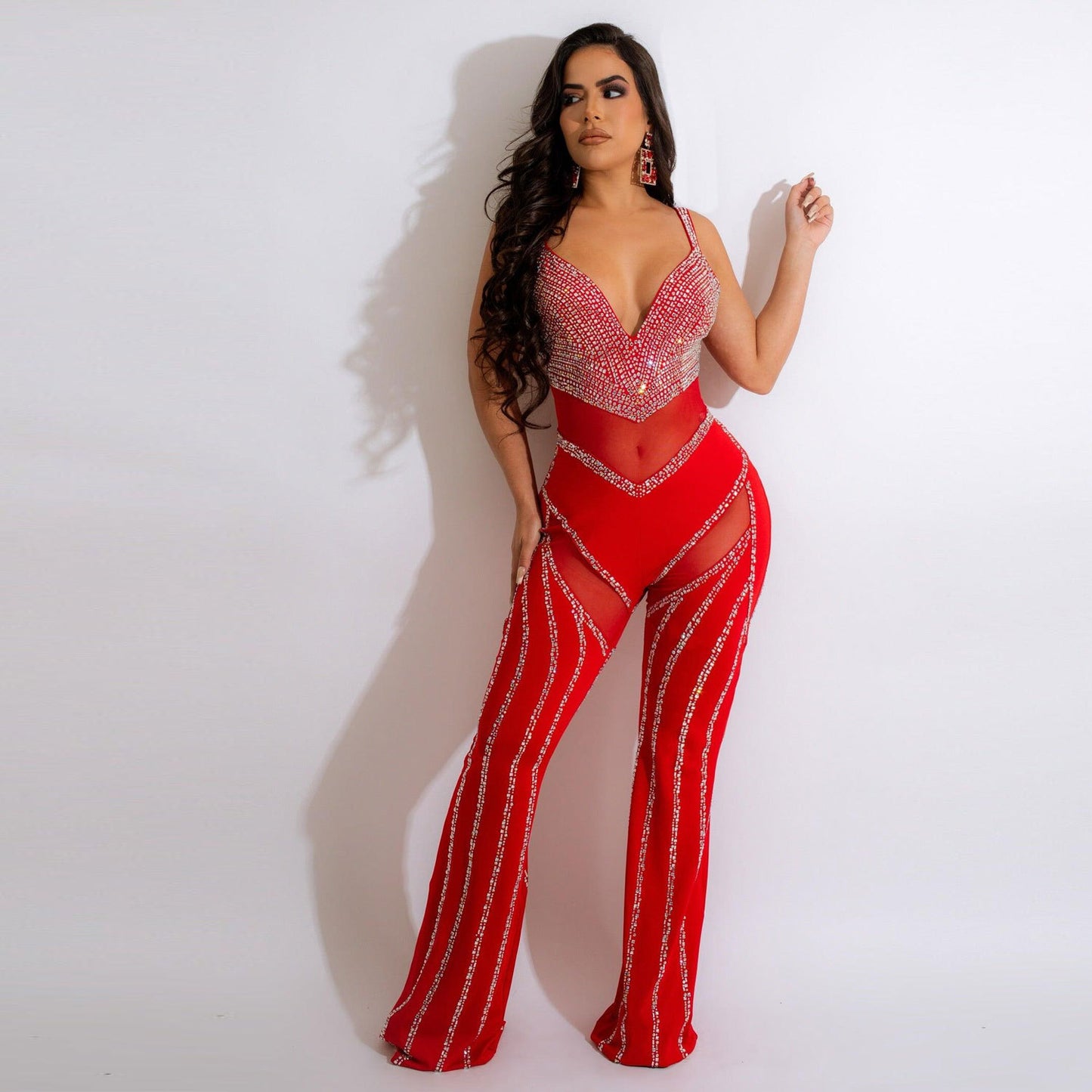 Women's See-through Deep V Rhinestone Jumpsuit - Sculptify™