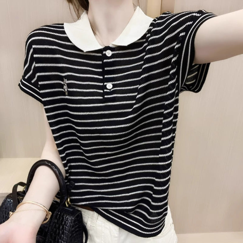 Ice Silk Short Sleeve Striped Embroidery Contrast Color Button Polo  Short sleeve t-shirts Sculptify™