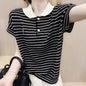 Ice Silk Short Sleeve Striped Embroidery Contrast Color Button Polo  Short sleeve t-shirts Sculptify™