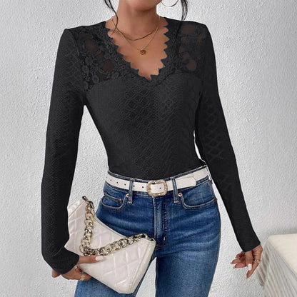Solid-color V-neck Lace-panel Long-sleeve T-shirt Top For Womenelegant Style - Sculptify™