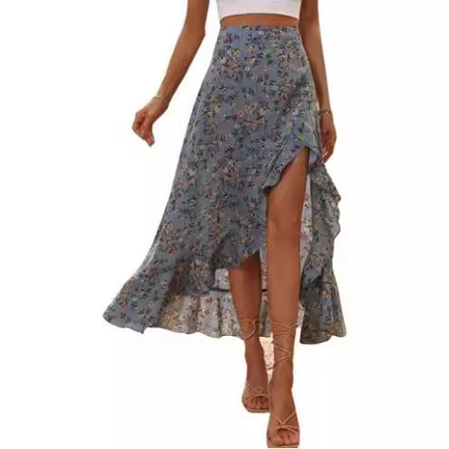 Stylish Ruffle & Side Slit Printed Skirt