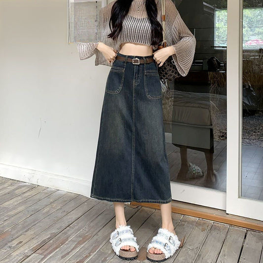 Trendy Three-Quarter High-Waist Denim Skirt