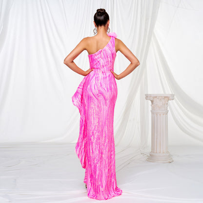 One-shoulder Diagonal Collar Sequined Slit Evening Dress - Sculptify™